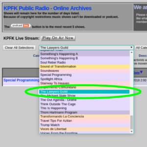 How to find and browse recent Lawyers Guild Radio episodes on KPFK Public Archives